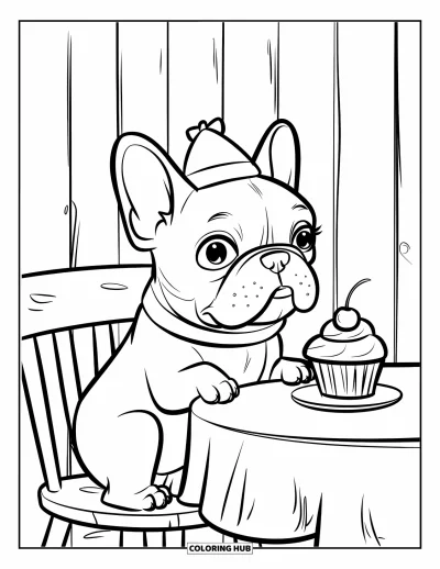 Coloriage de Bouledogue Français pour enfants : Un Frenchie avec un chapeau de fête apprécie un cupcake à une table en bois