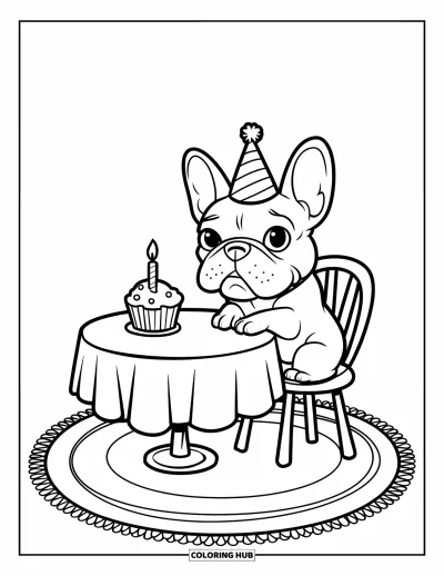 Coloriage de Bouledogue Français pour enfants : Un Frenchie avec un chapeau de fête regarde un cupcake avec une bougie