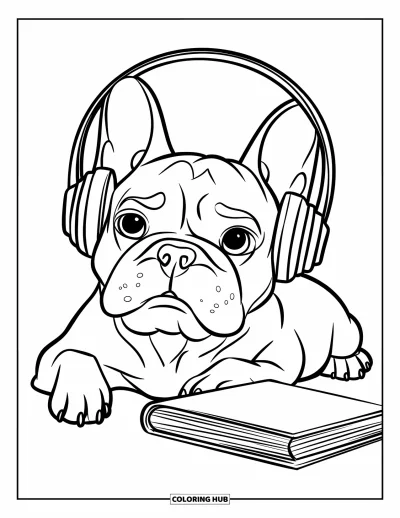 Coloriage de Bouledogue Français pour enfants : Un Frenchie s’allonge avec des écouteurs près d’un livre, prêt à se détendre