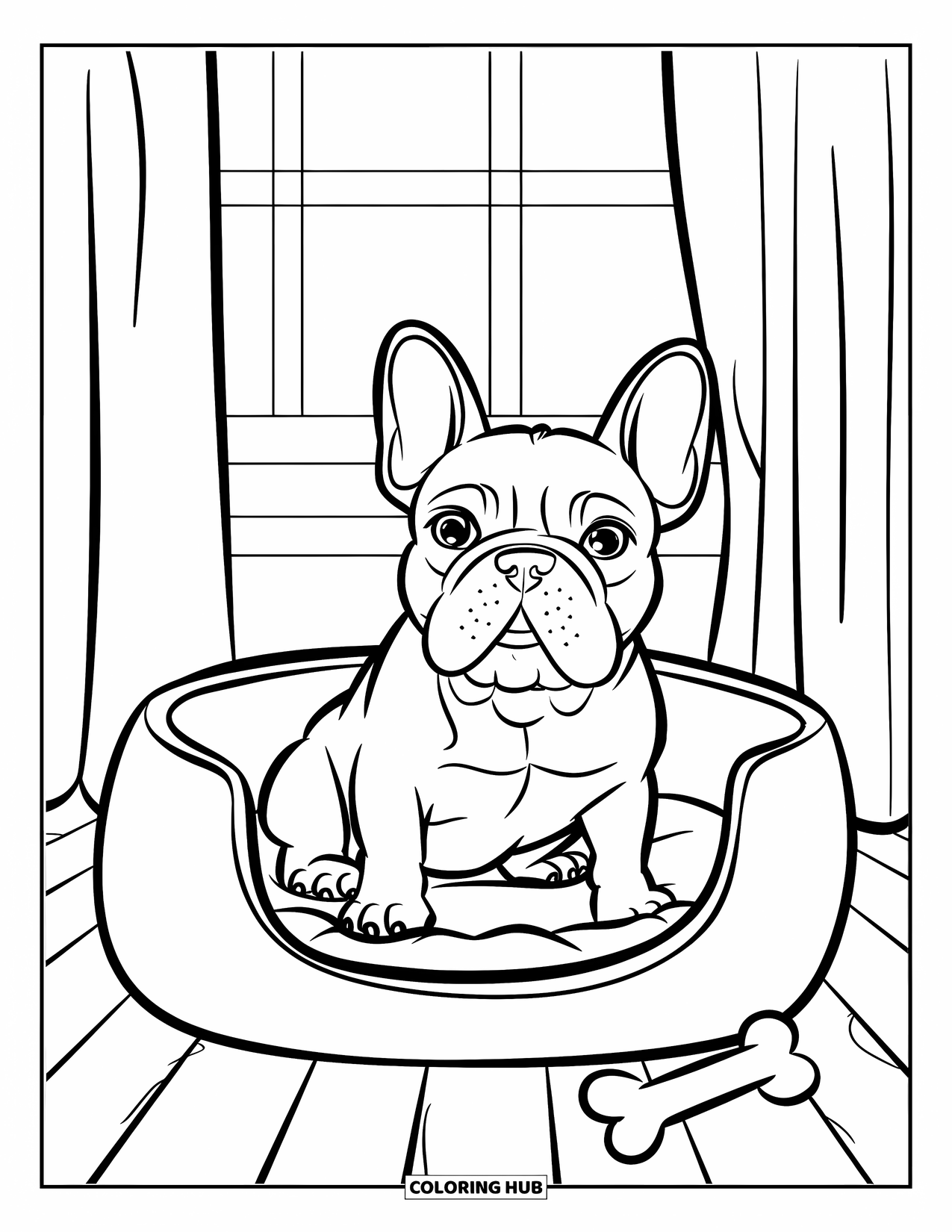 Dibujo de Bulldog Francés para niños: Un Frenchie se relaja en una cama en el suelo cerca de una ventana