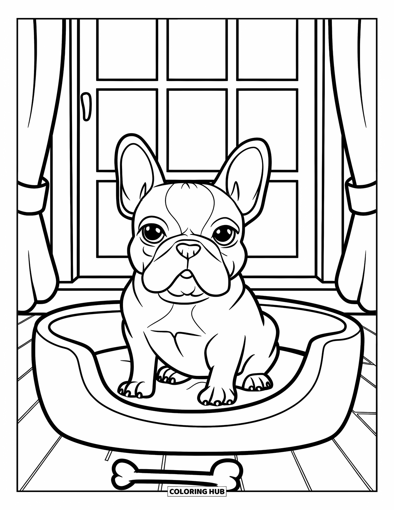 Dibujo de Bulldog Francés para niños: Un Frenchie sentado en una cama para perros con un hueso al lado