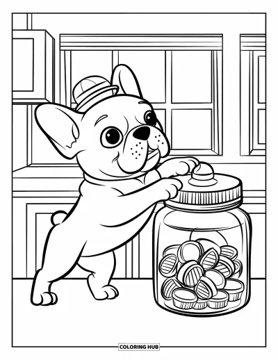 Coloriage de Bouledogue Français pour enfants : Un Frenchie se tient sur ses deux pattes en tendant la main vers le pot de friandises