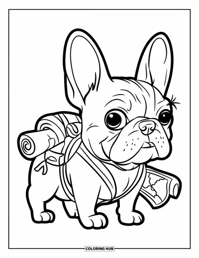 Coloriage de Bouledogue Français pour enfants : Un Frenchie voyageur avec un sac à dos et une carte explore un sentier tranquille