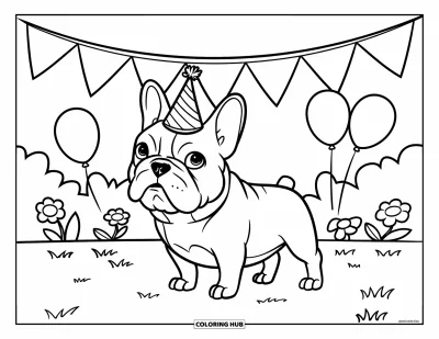 Coloriage de Bouledogue Français pour enfants : Un Frenchie porte un chapeau de fête entouré de ballons et de fleurs