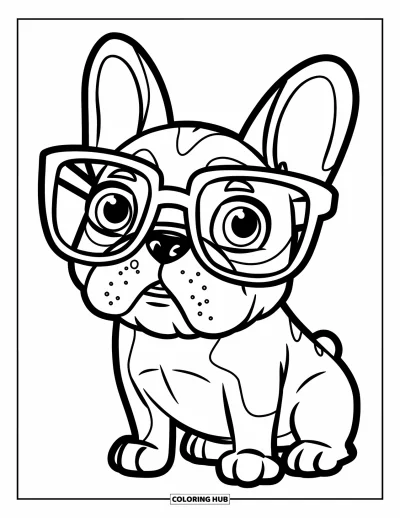 Coloriage de Bouledogue Français pour enfants : Un Frenchie porte de grosses lunettes avec un petit sourire joyeux