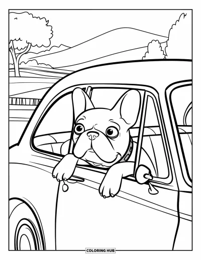 Coloriage de Bouledogue Français pour enfants : Un Frenchie avec des oreilles tombantes passe devant des arbres et un pont