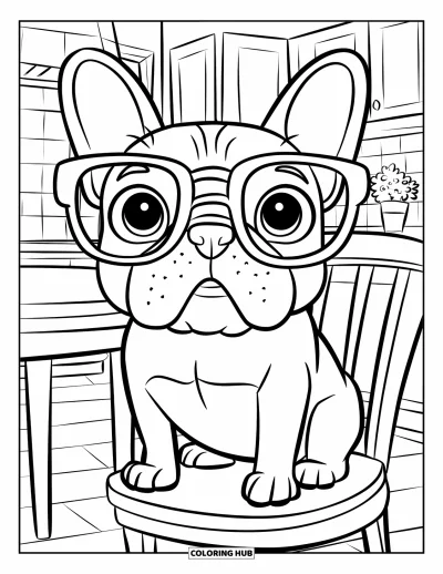 Coloriage de Bouledogue Français pour enfants : Un Frenchie avec des lunettes est assis sur une chaise de cuisine près d’une plante