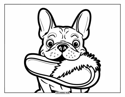 Coloriage de Bouledogue Français pour enfants : Un Frenchie avec de grands yeux tient joyeusement une pantoufle moelleuse