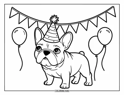 Coloriage de Bouledogue Français pour enfants : Un bouledogue français prêt pour la fête se tient debout avec un chapeau et des décorations derrière