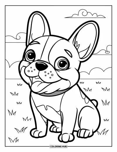 Coloriage de Bouledogue Français pour enfants : Un Frenchie enjoué avec un collier rose est assis dans un champ herbeux