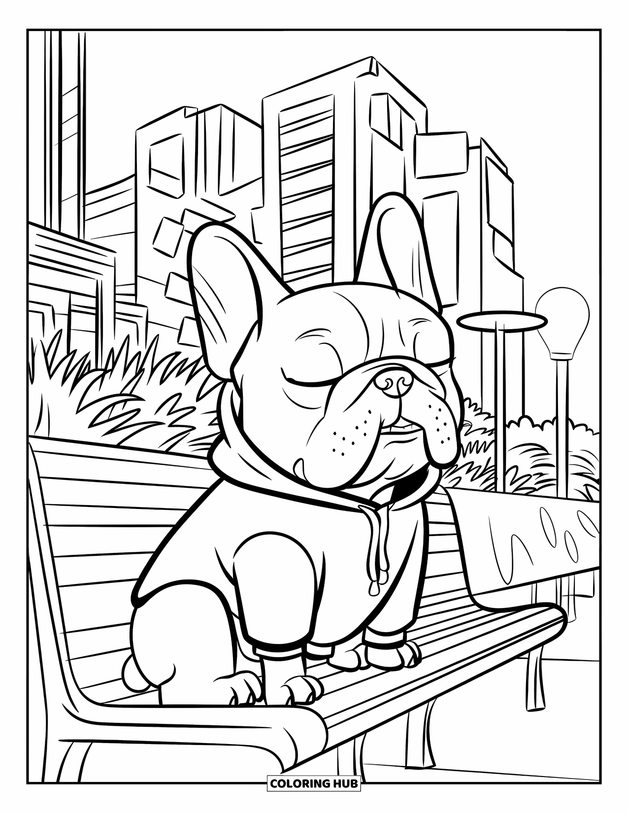 Dibujo de Bulldog Francés para niños: Un Frenchie soñoliento con una sudadera con capucha disfruta del aire fresco en un banco de la ciudad