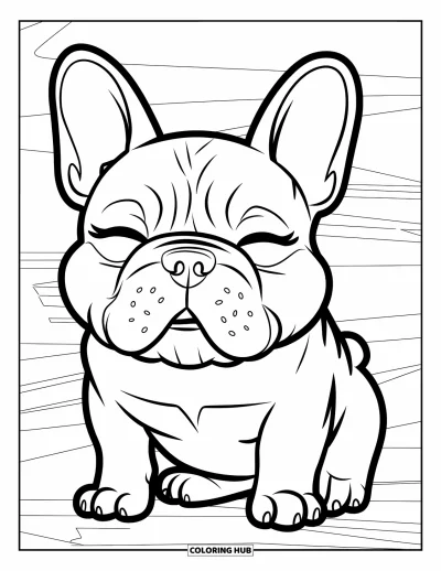 Coloriage de Bouledogue Français pour enfants : Un Frenchie souriant avec les yeux fermés est assis dans un espace paisible