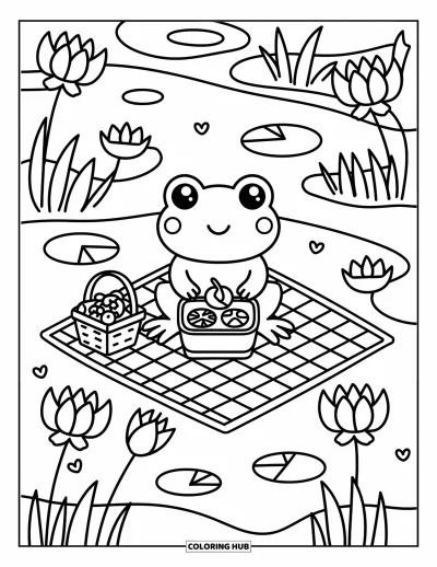 Frøtegning til voksne: En sød frø spiser frokost på en picnictæppe ved siden af lotusblomster og åkandeblade
