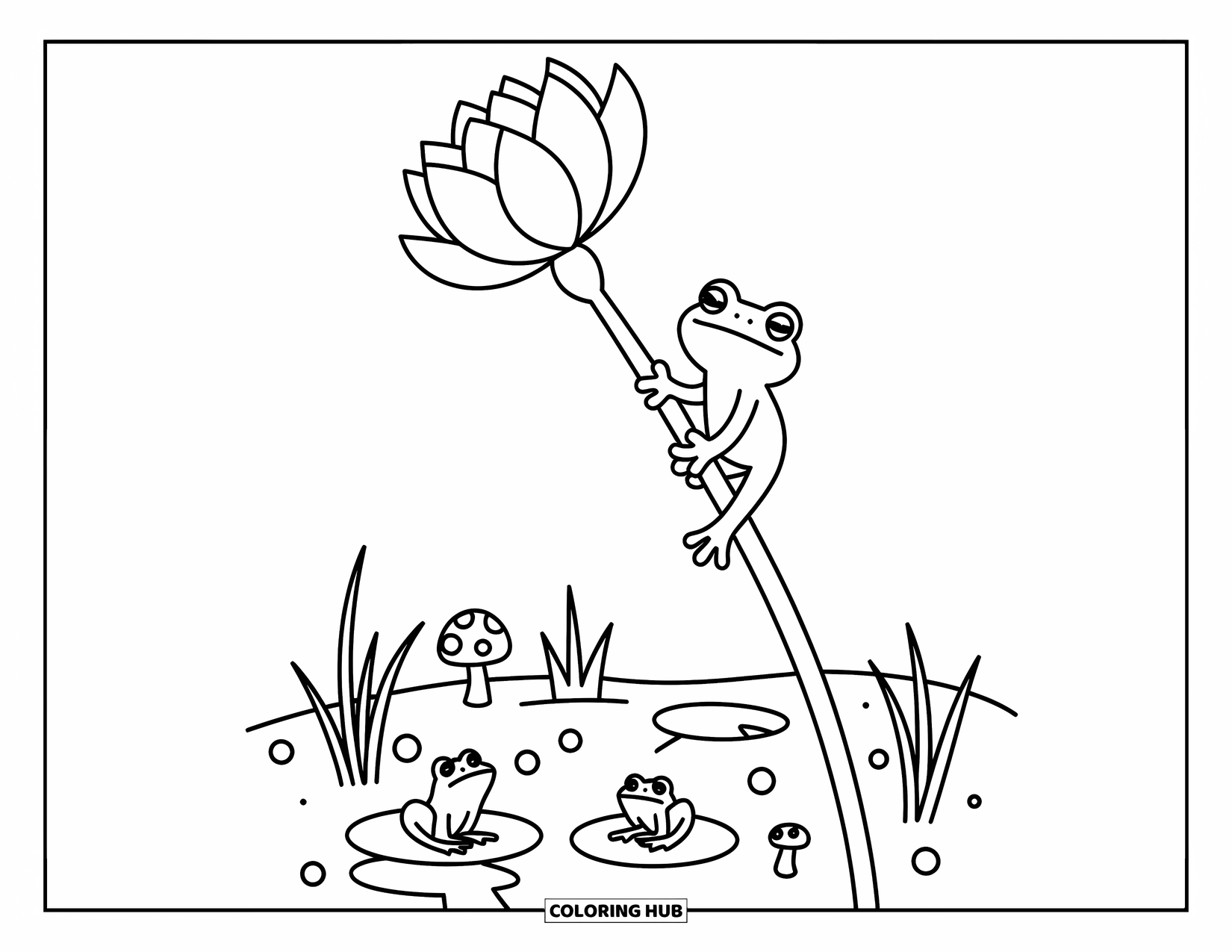 Frog Coloring Page for Adults: A determined frog climbs a flower stalk while a quiet pond scene unfolds beneath