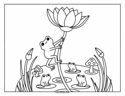 Frøtegning til voksne: En frø klatrer op ad en høj blomsterstængel mens andre slapper af på åkandeblade nedenfor