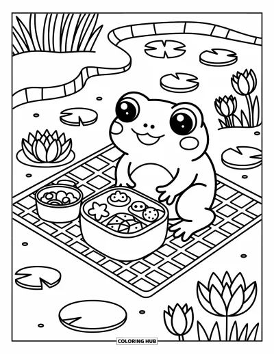 Frøtegning til voksne: En frø nyder en lille bentofrokost ved dammen med blomster og en snackkurv