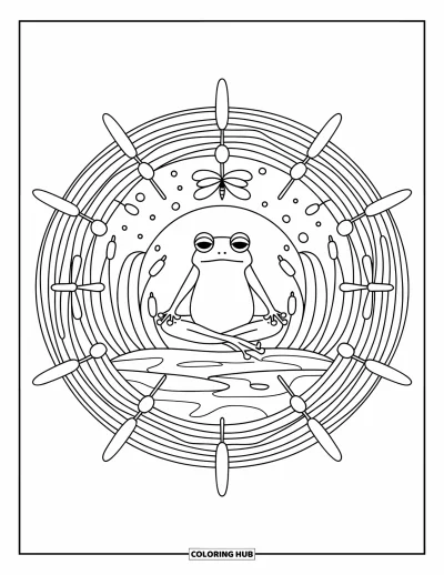 Frøtegning til voksne: En frø i meditation hviler inde i en mandala af guldsmede, vandlinjer og dunhammere