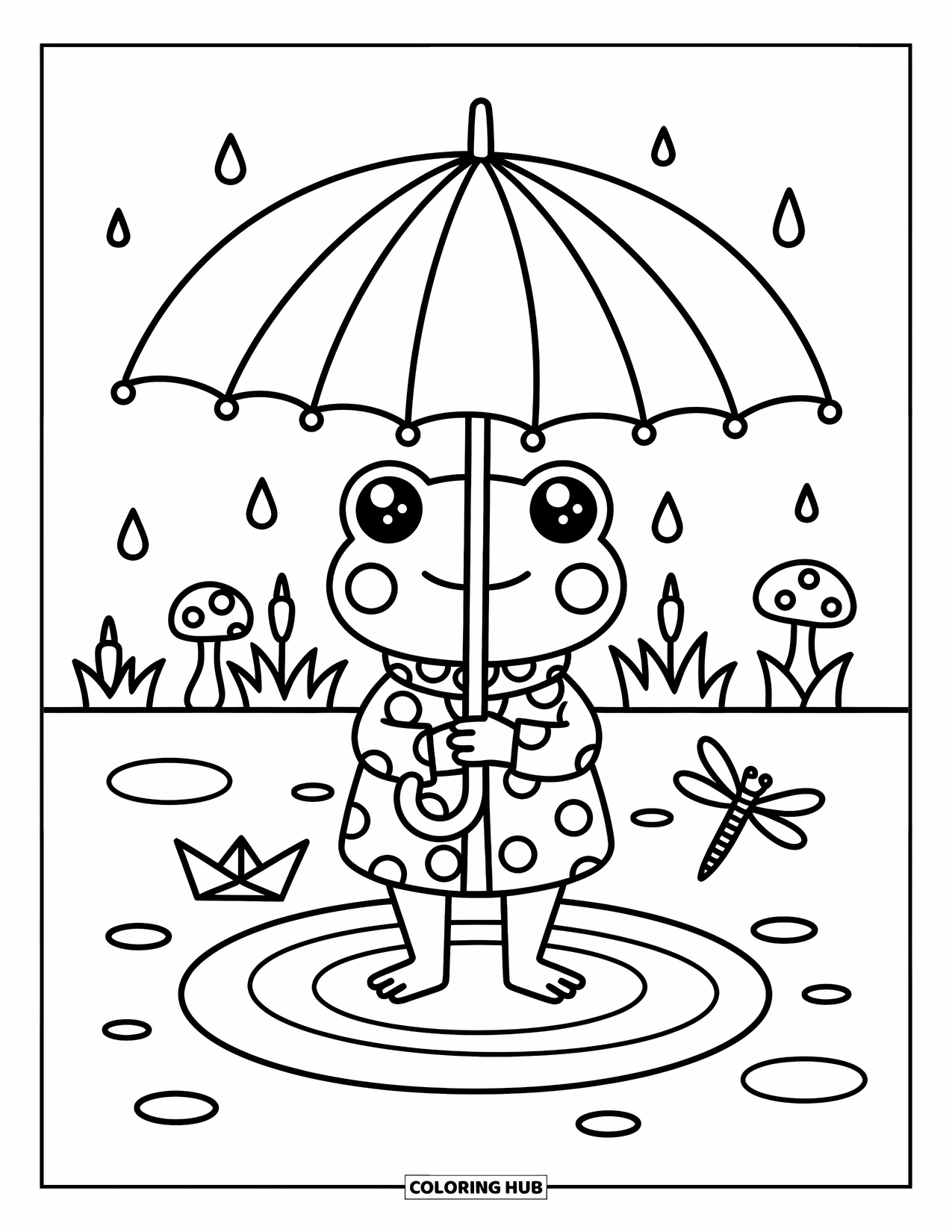 Frog Coloring Page for Adults: A frog in the rain stands in a puddle with an umbrella and watches a dragonfly