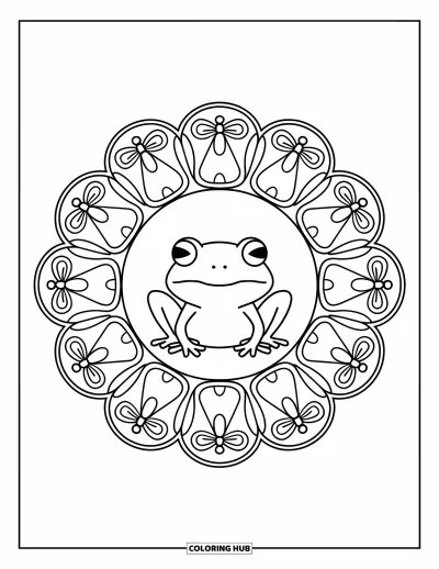 Frøtegning til voksne: En frø hviler i en cirkulær mandala lavet af fluer, sommerfugle og blade