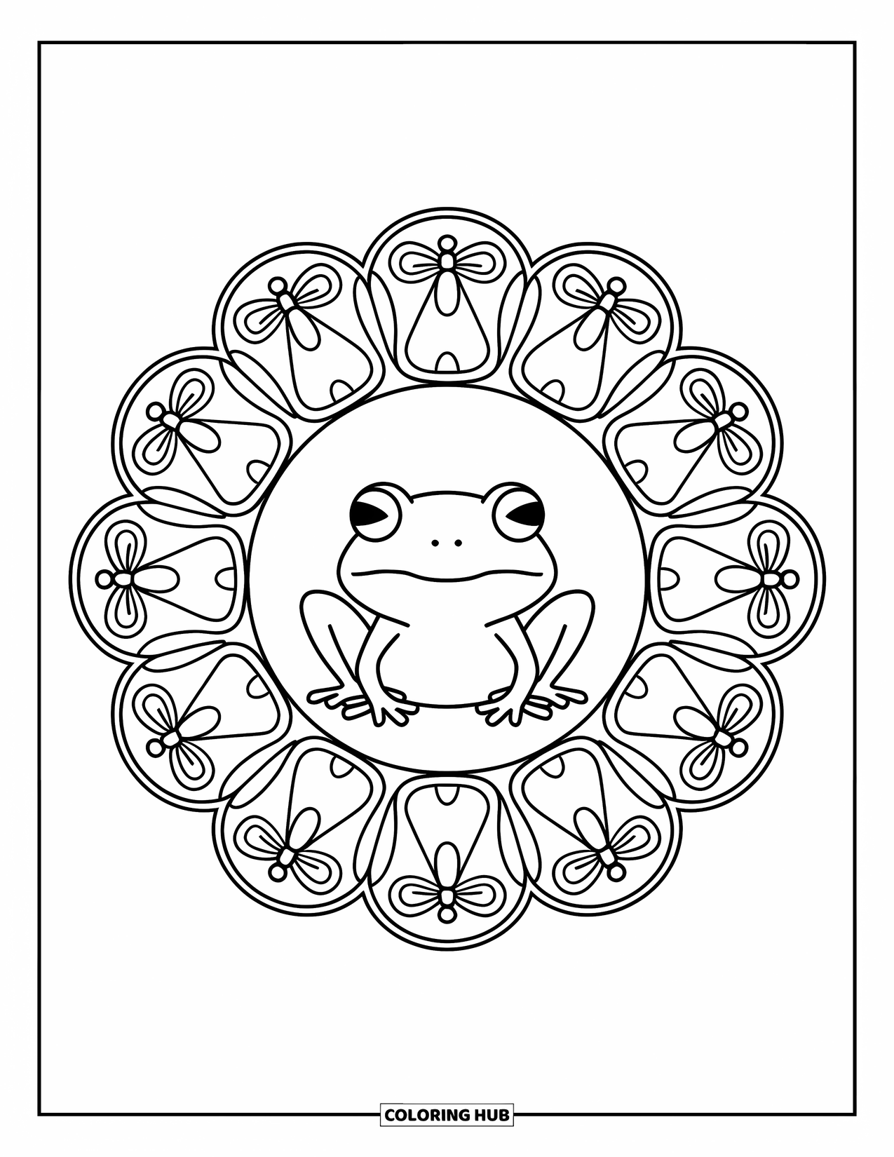Frog Coloring Page for Adults: A frog rests in a circular mandala made of flies, butterflies, and leaves