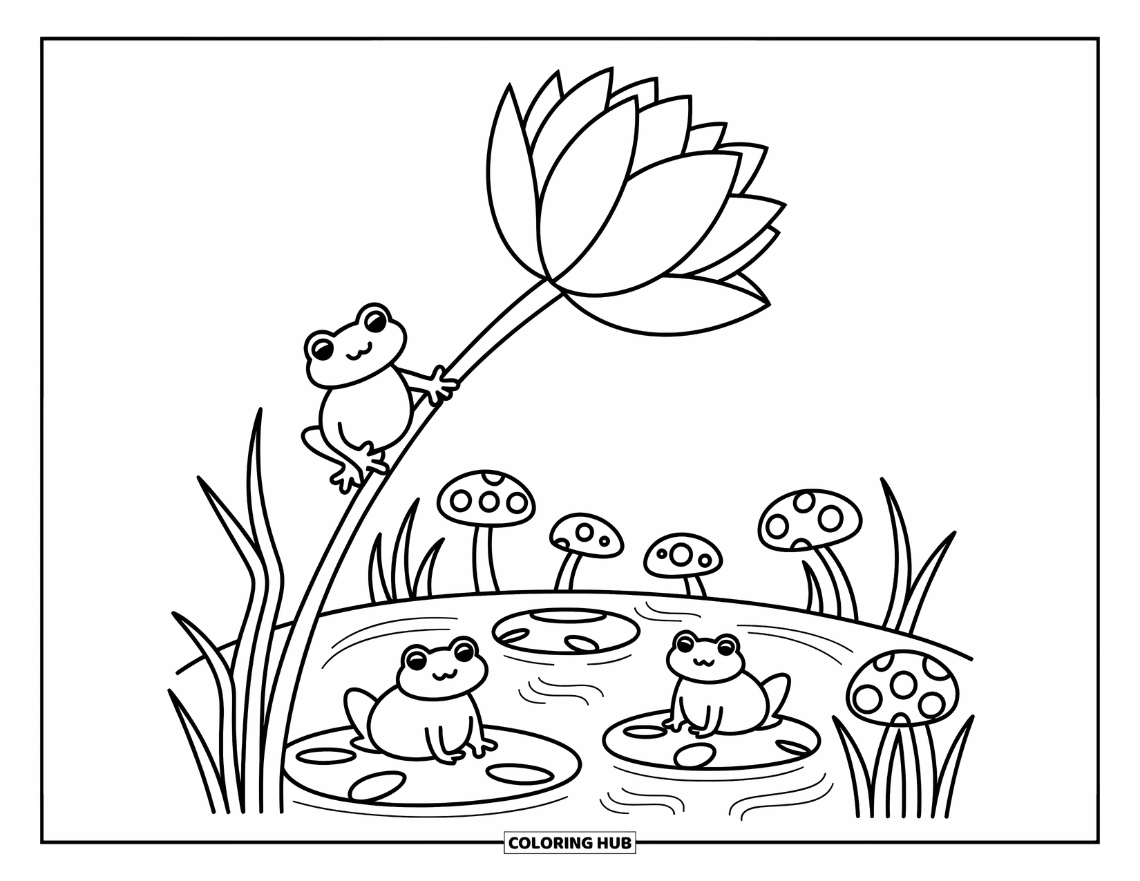 Frog Coloring Page for Adults: A frog scales a curvy flower stalk as others rest on lily pads below
