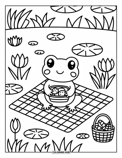Frøtegning til voksne: En frø sidder på et picnictæppe ved dammen og nyder en bentoboks og snacks