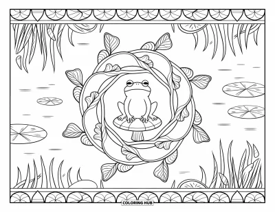 Frøtegning til voksne: En frø med lukkede øjne sidder på en svamp inde i en damtema-mandala