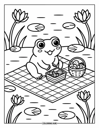 Frøtegning til voksne: En glad frø spiser bento på et picnictæppe ved siden af lotusblomster og en rolig dam