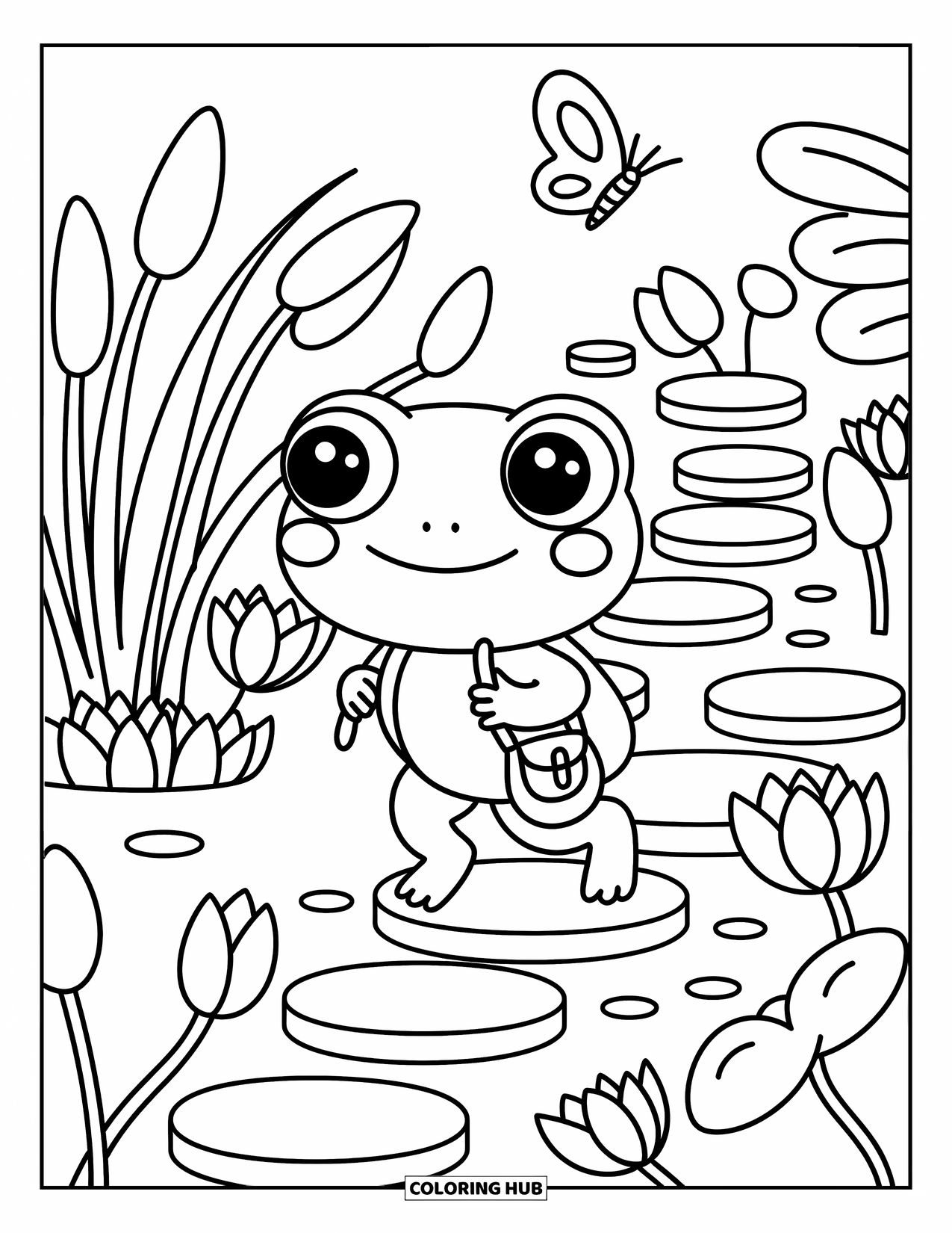 Frog Coloring Page for Adults: A happy frog with a pouch follows a butterfly through a lush pond garden