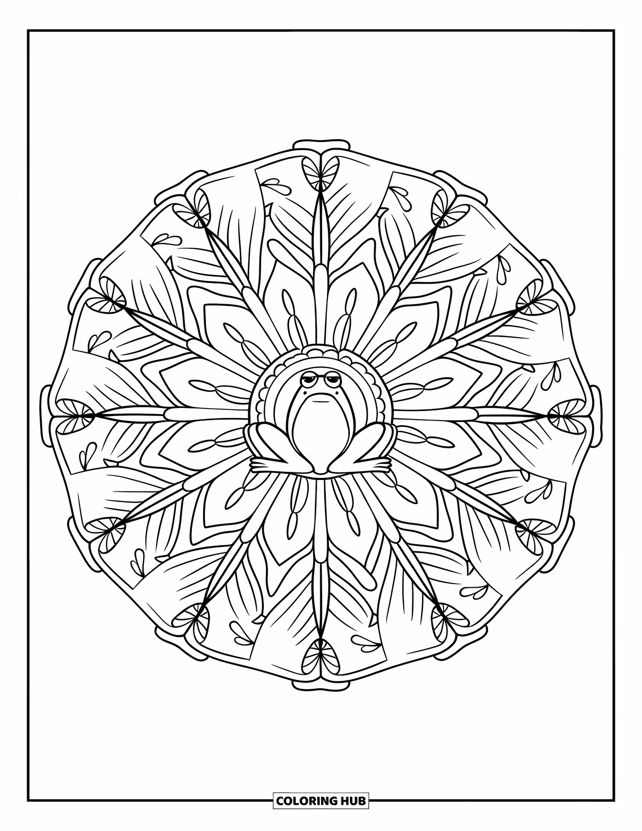 Frog Coloring Page for Adults: A peaceful frog meditates inside a mandala filled with water-inspired nature elements