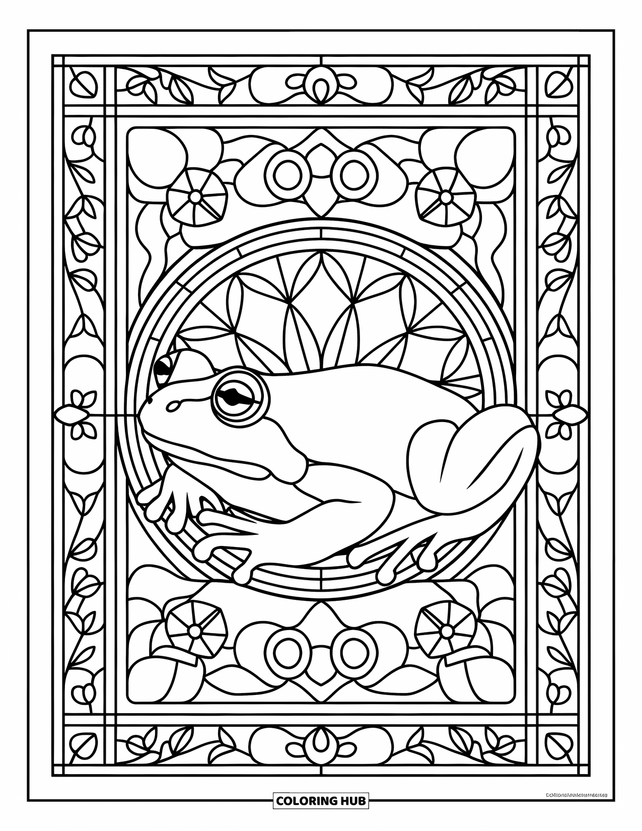 Frog Coloring Page for Adults: A realistic frog sits inside a stained glass design filled with bold floral borders