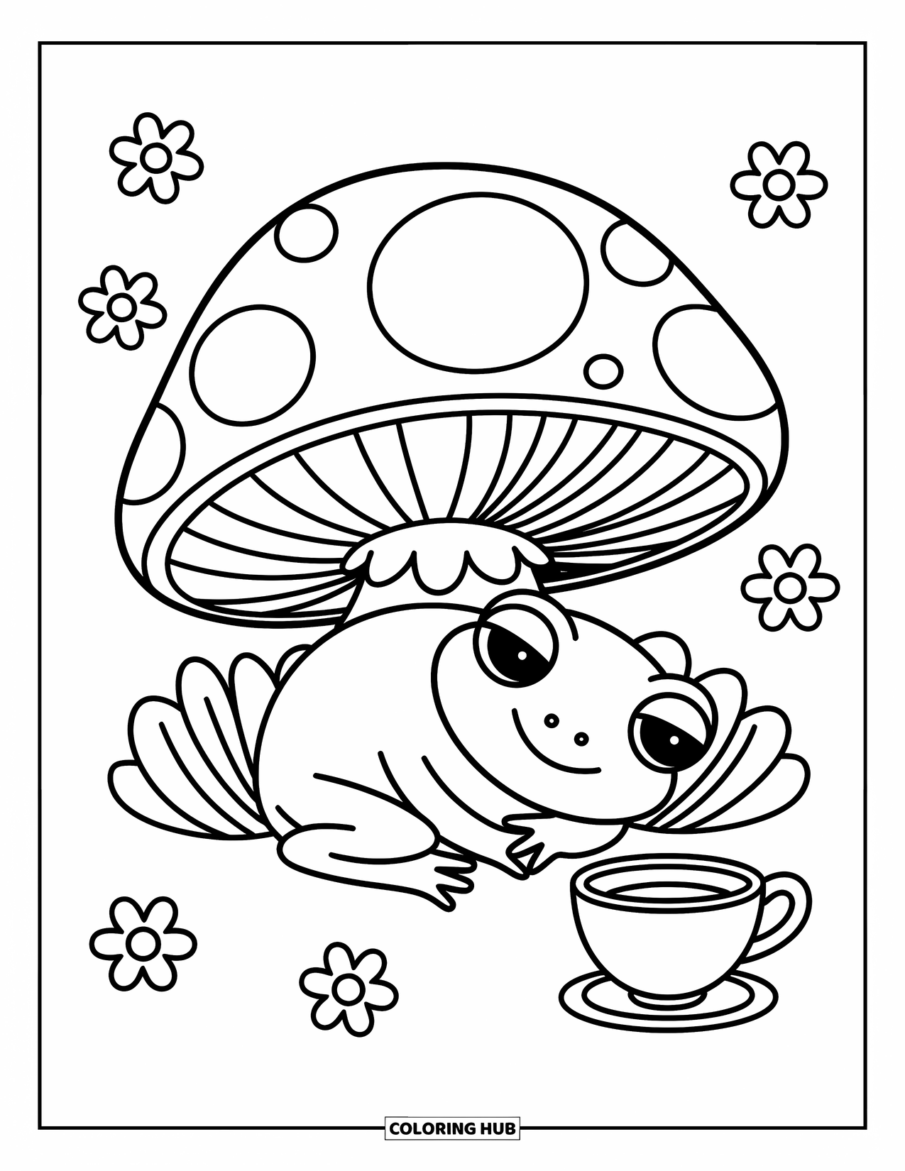 Frog Coloring Page for Adults: A sleepy frog naps under a mushroom, surrounded by flowers and a tiny tea cup