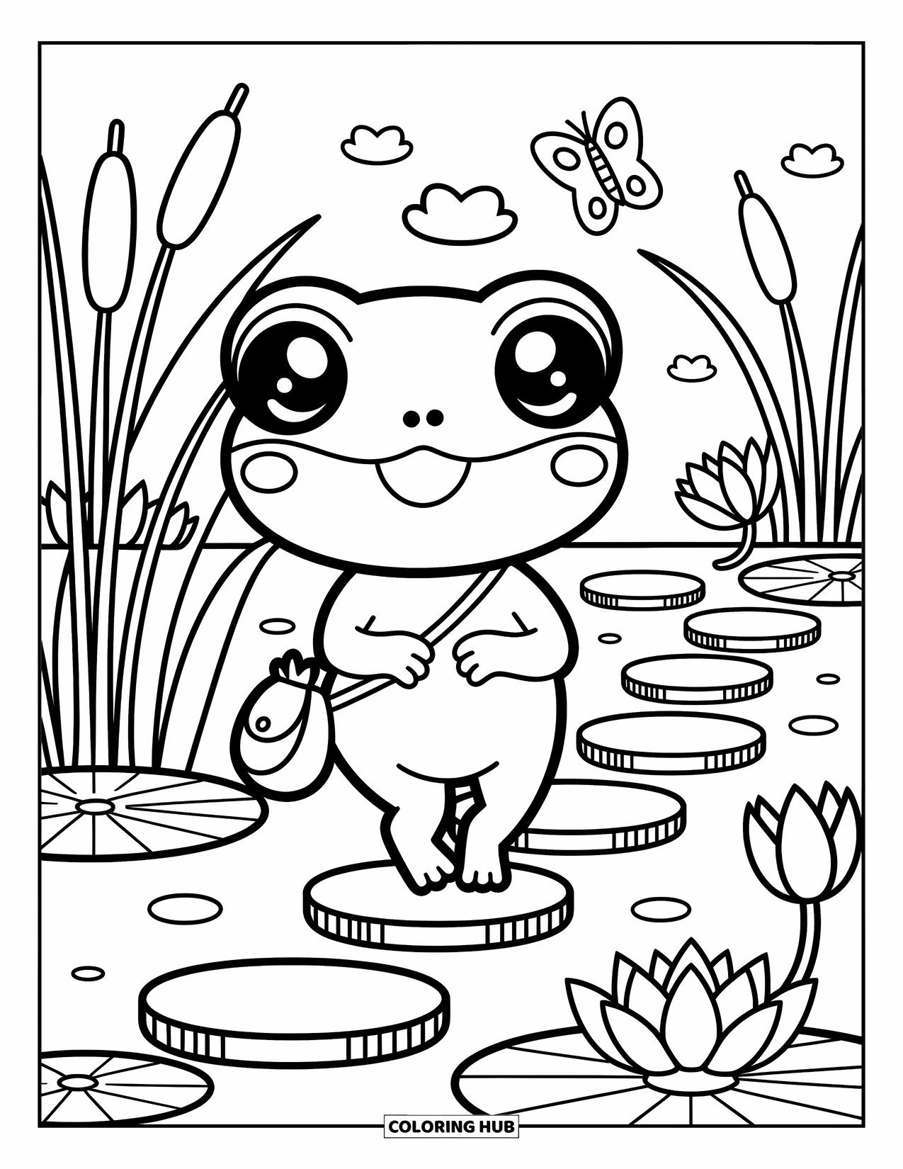 Frog Coloring Page for Adults: A tiny frog hops along stepping stones as a butterfly leads it through tall blooms