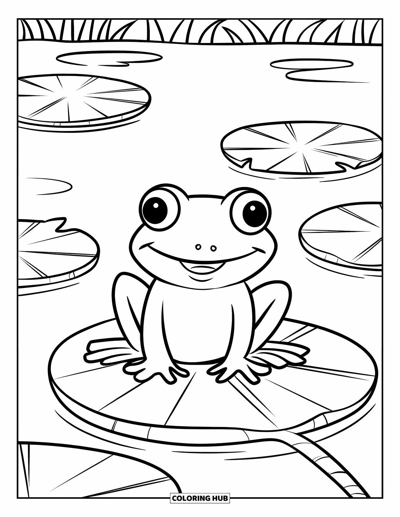 Frog Coloring Page for Kids: Cute frog sits happily on a big lily pad in calm water