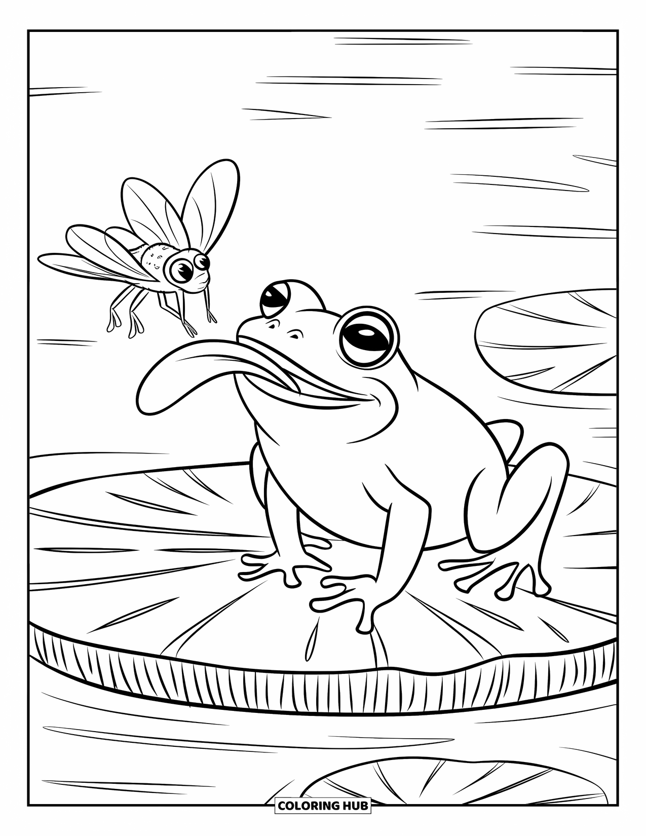 Frog Coloring Page for Kids: Frog catches a fly with its tongue while sitting on a lily pad