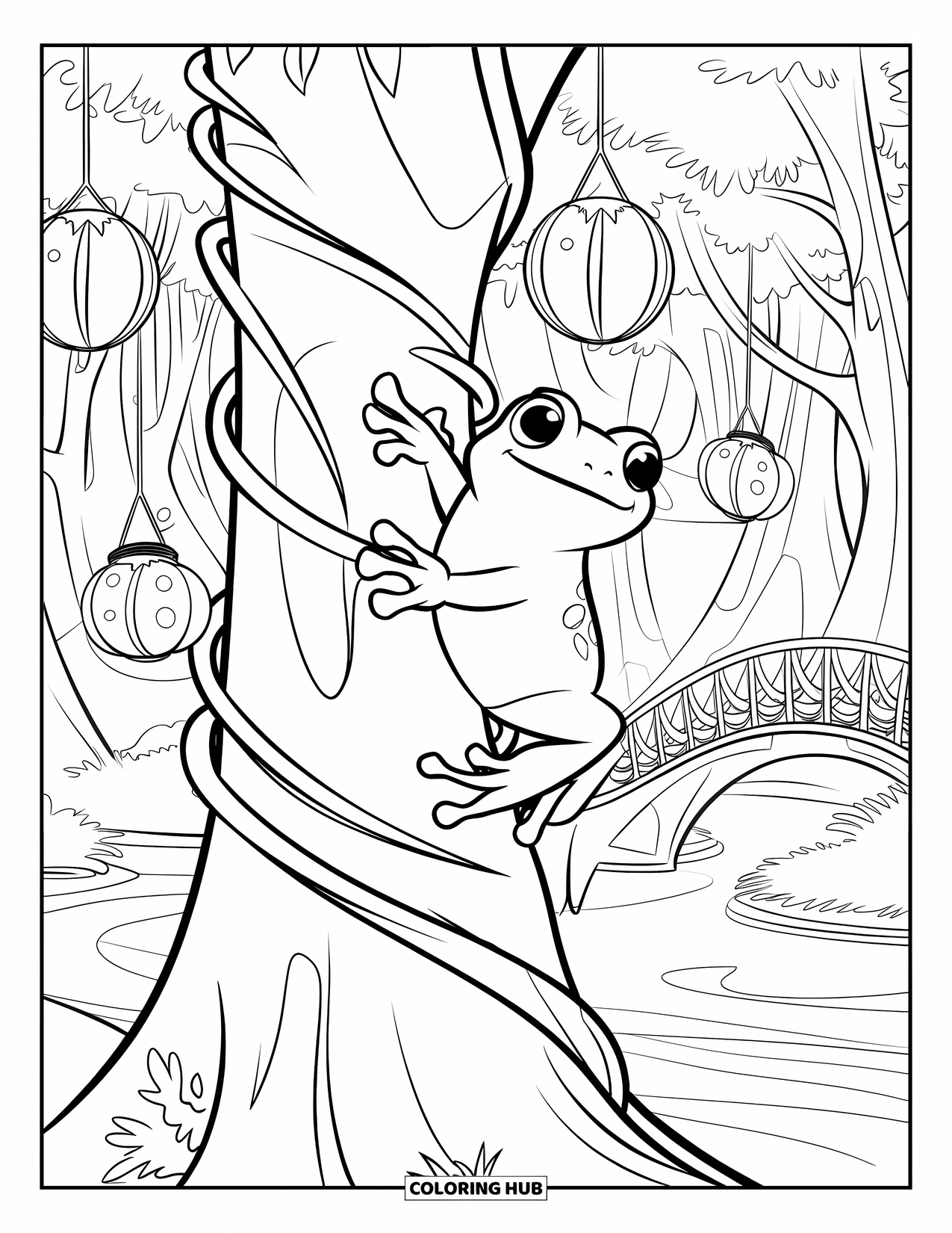 Frog Coloring Page for Kids: Frog clings to a tree trunk in a magical forest with lanterns