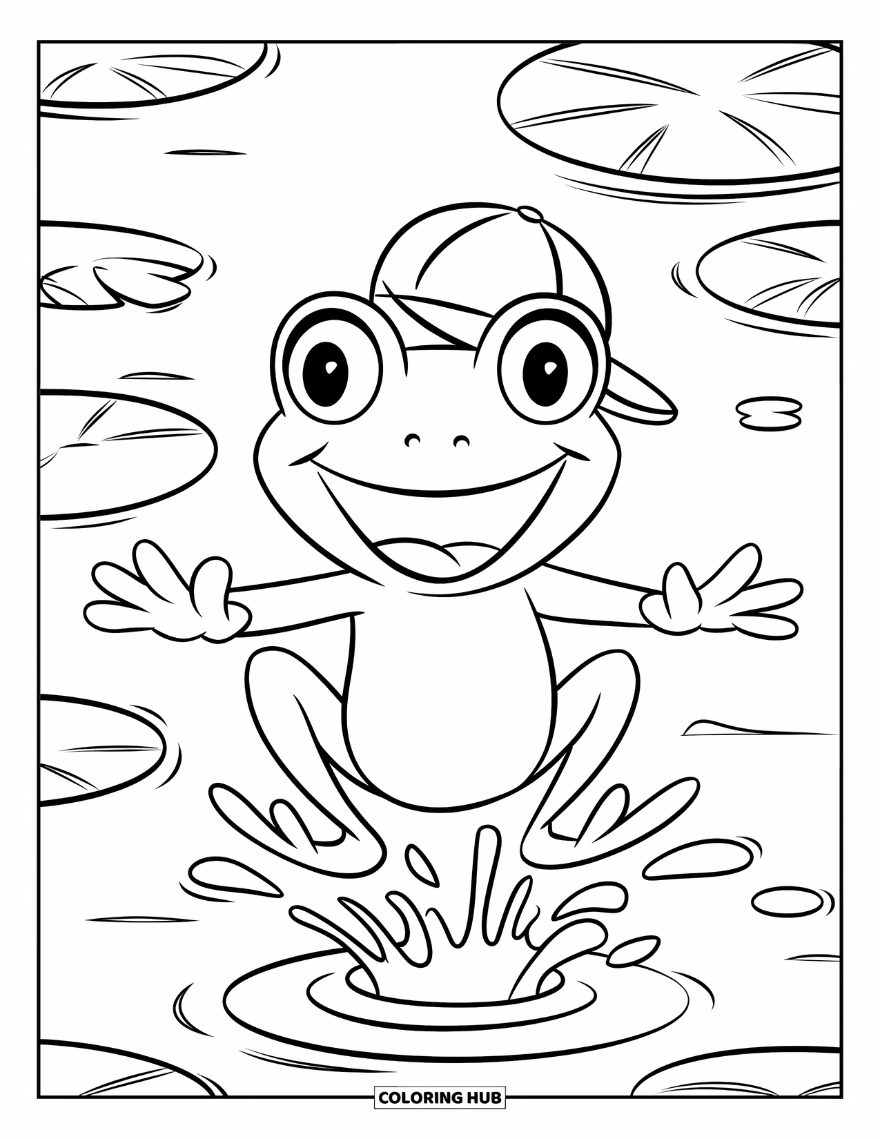 Frog Coloring Page for Kids: Frog in a green hat jumps up happily with a splash below