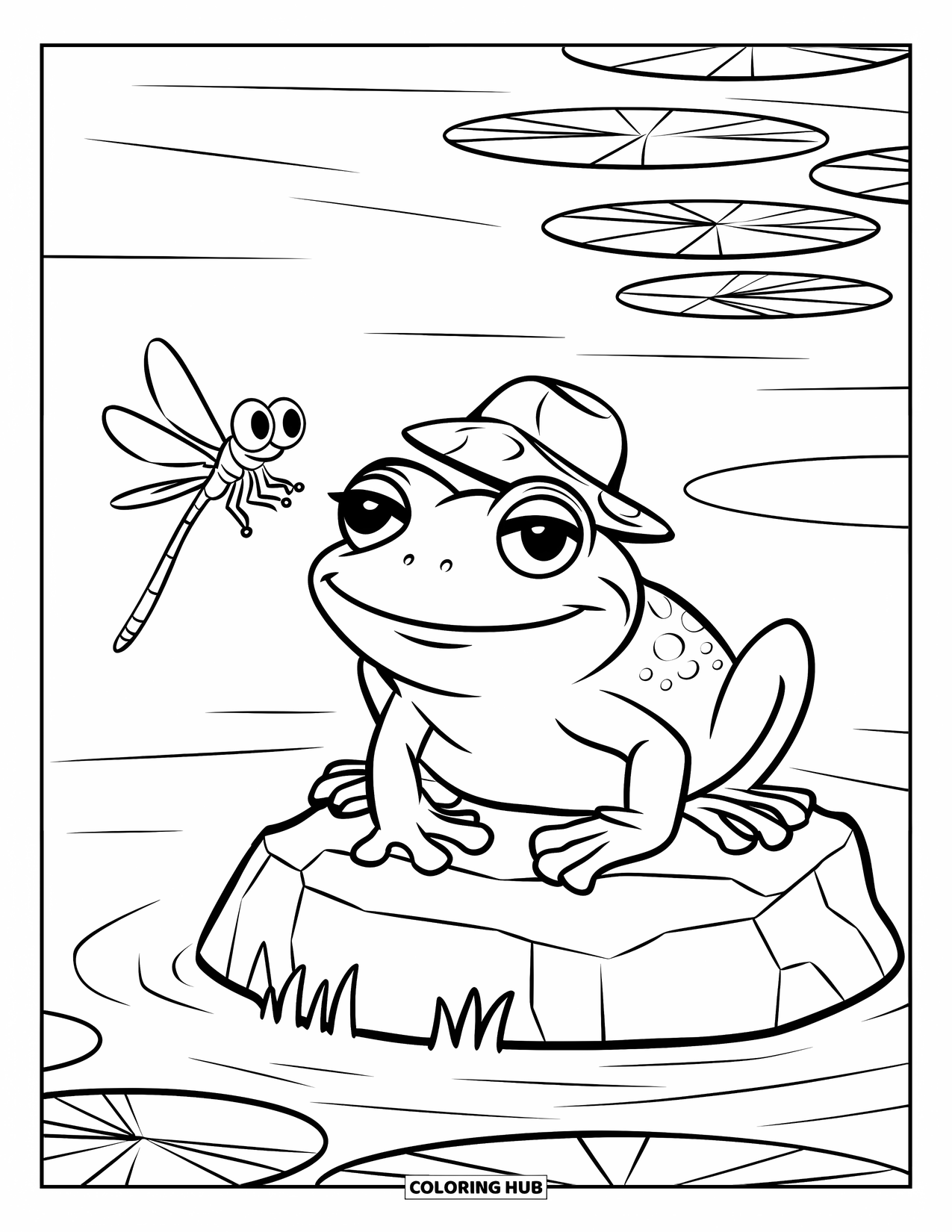 Frog Coloring Page for Kids: Frog on a rock smiles at a dragonfly by a calm lily pad lake