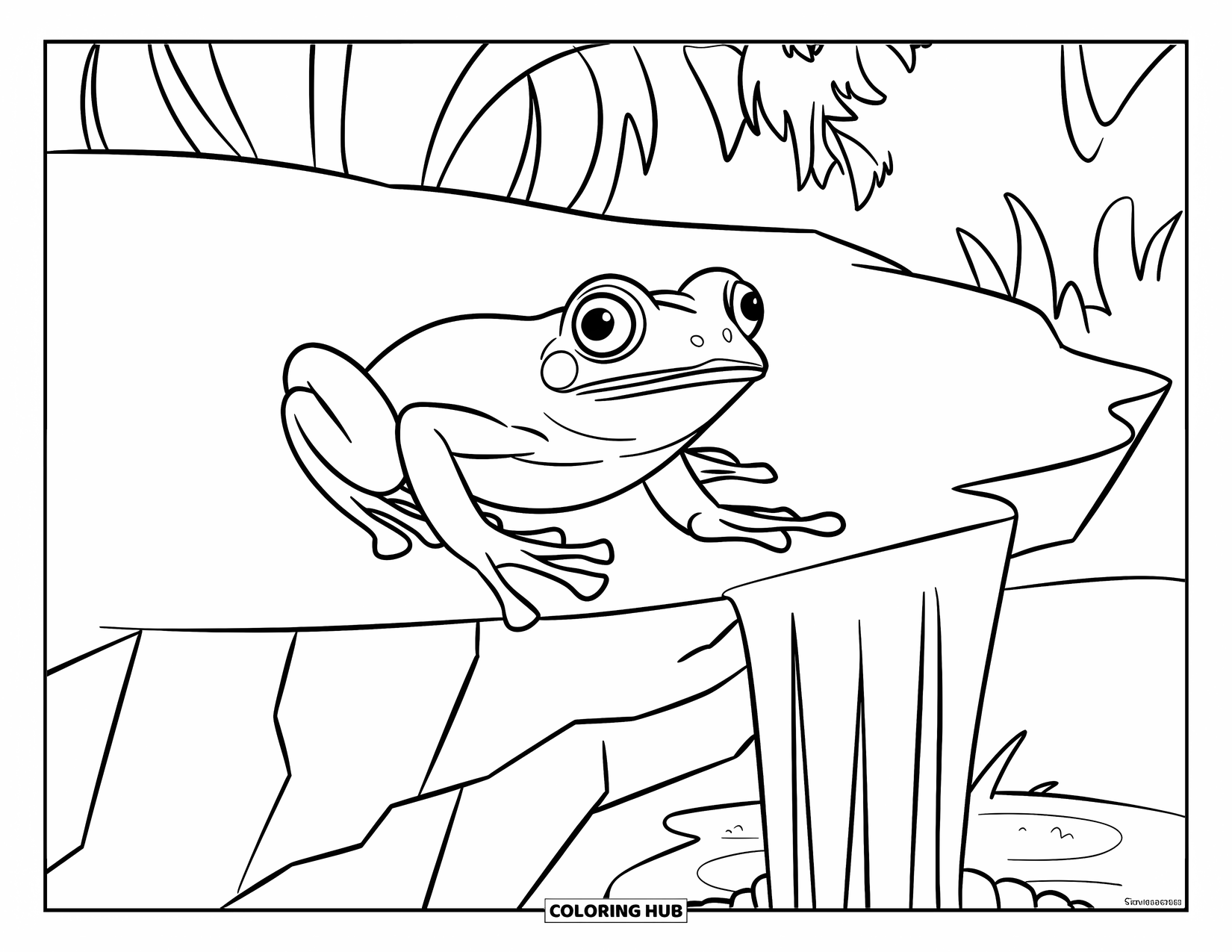 Frog Coloring Page for Kids: Frog perches calmly on a cliff with a nearby waterfall