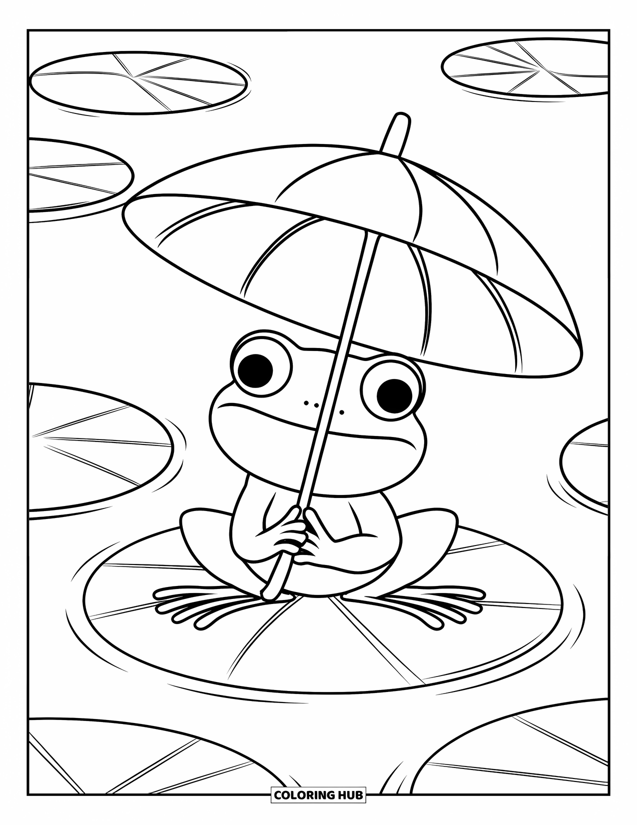 Frog Coloring Page for Kids: Frog rests beneath a leaf umbrella on a peaceful lake