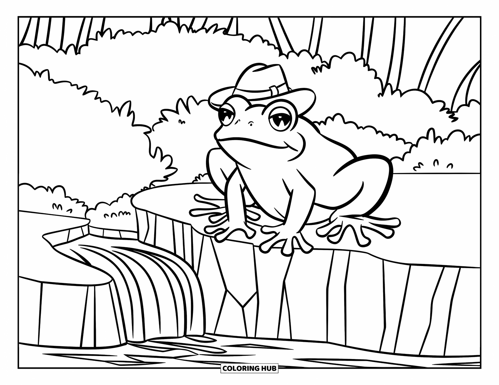 Frog Coloring Page for Kids: Frog rests on a rocky ledge near a waterfall and forest