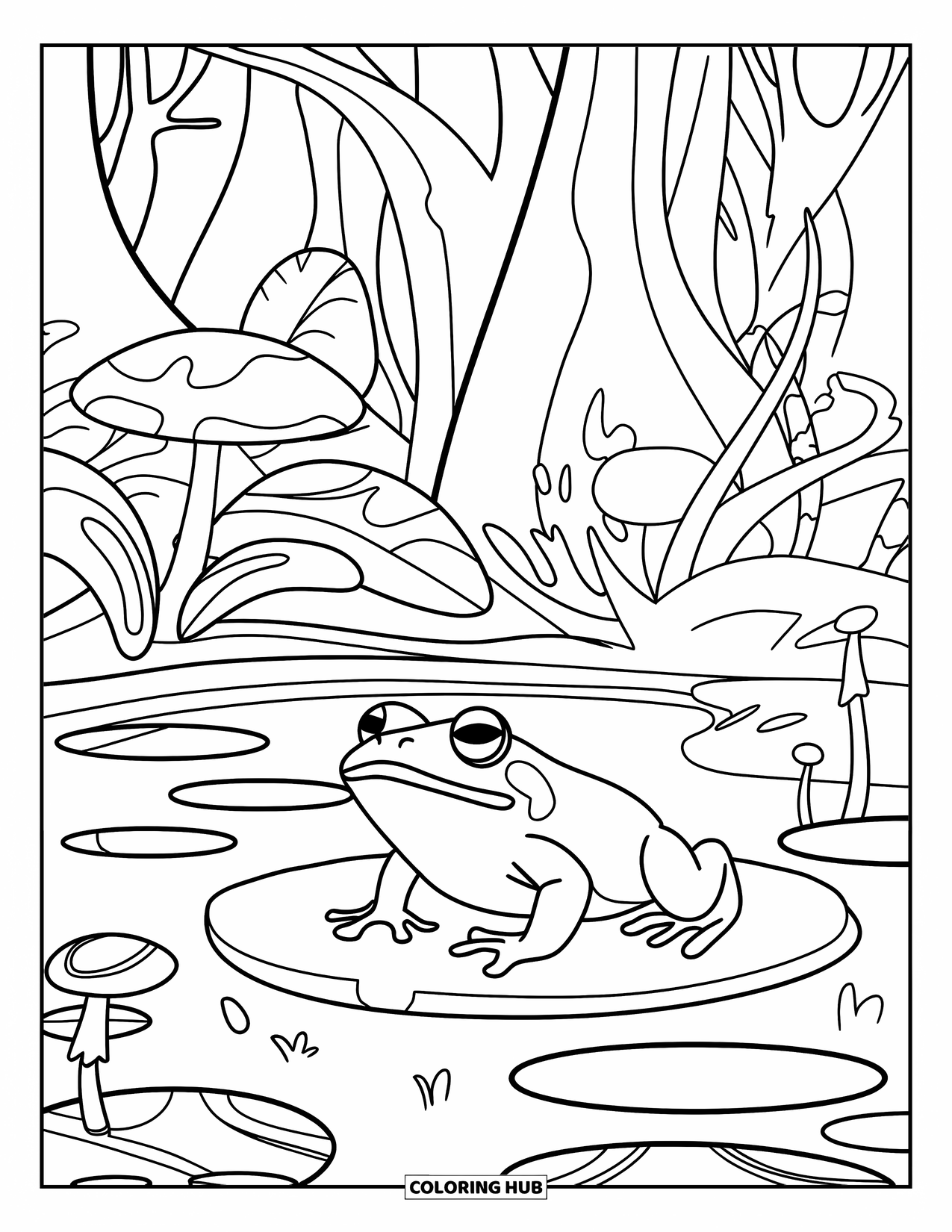 Frog Coloring Page for Kids: Frog sits on a lily pad among mushrooms and forest plants
