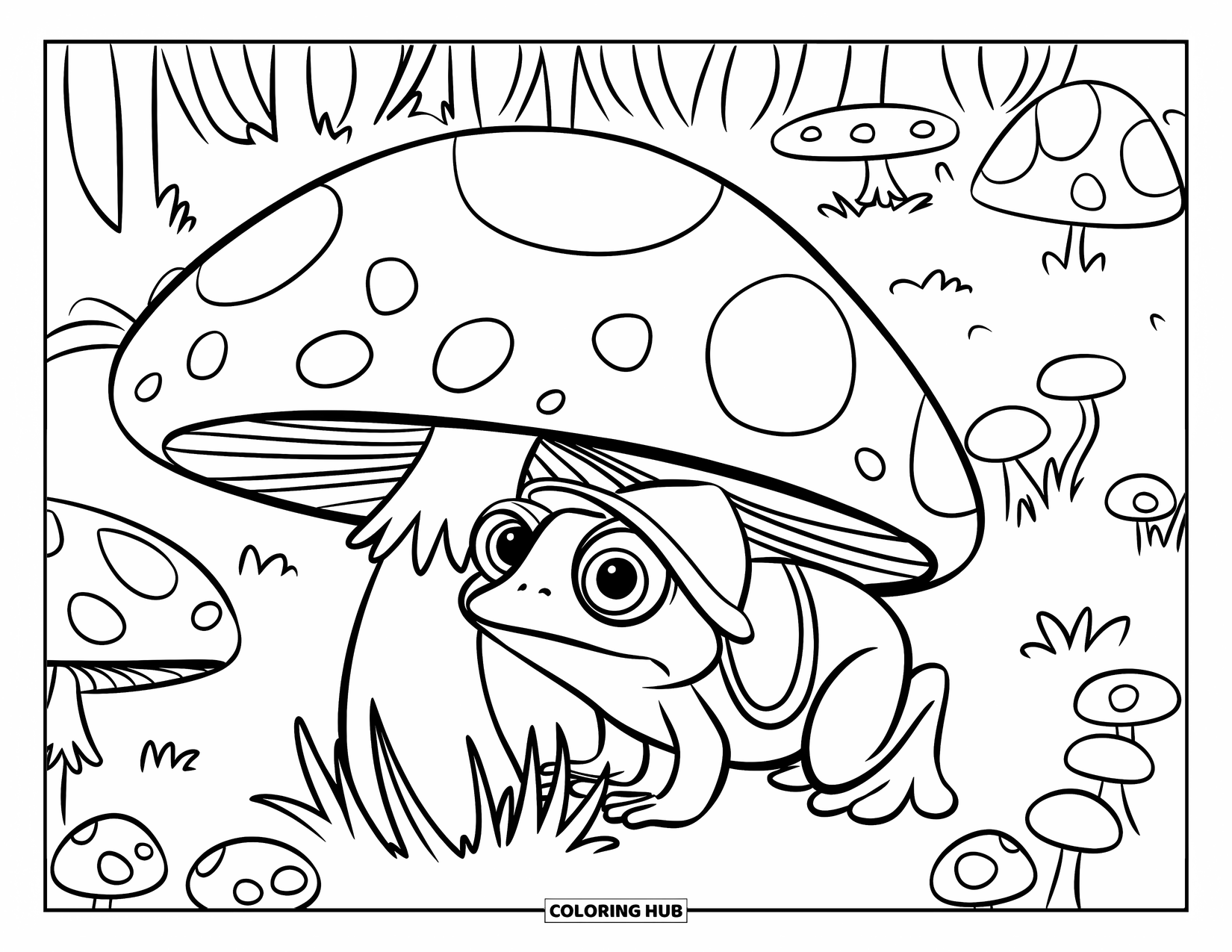 Frog Coloring Page for Kids: Frog with wide eyes explores under a big toadstool cap