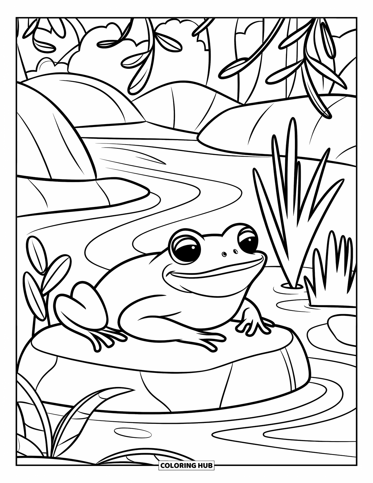 Frog Coloring Page for Kids: Frog with wide smile rests near flowing water and trees