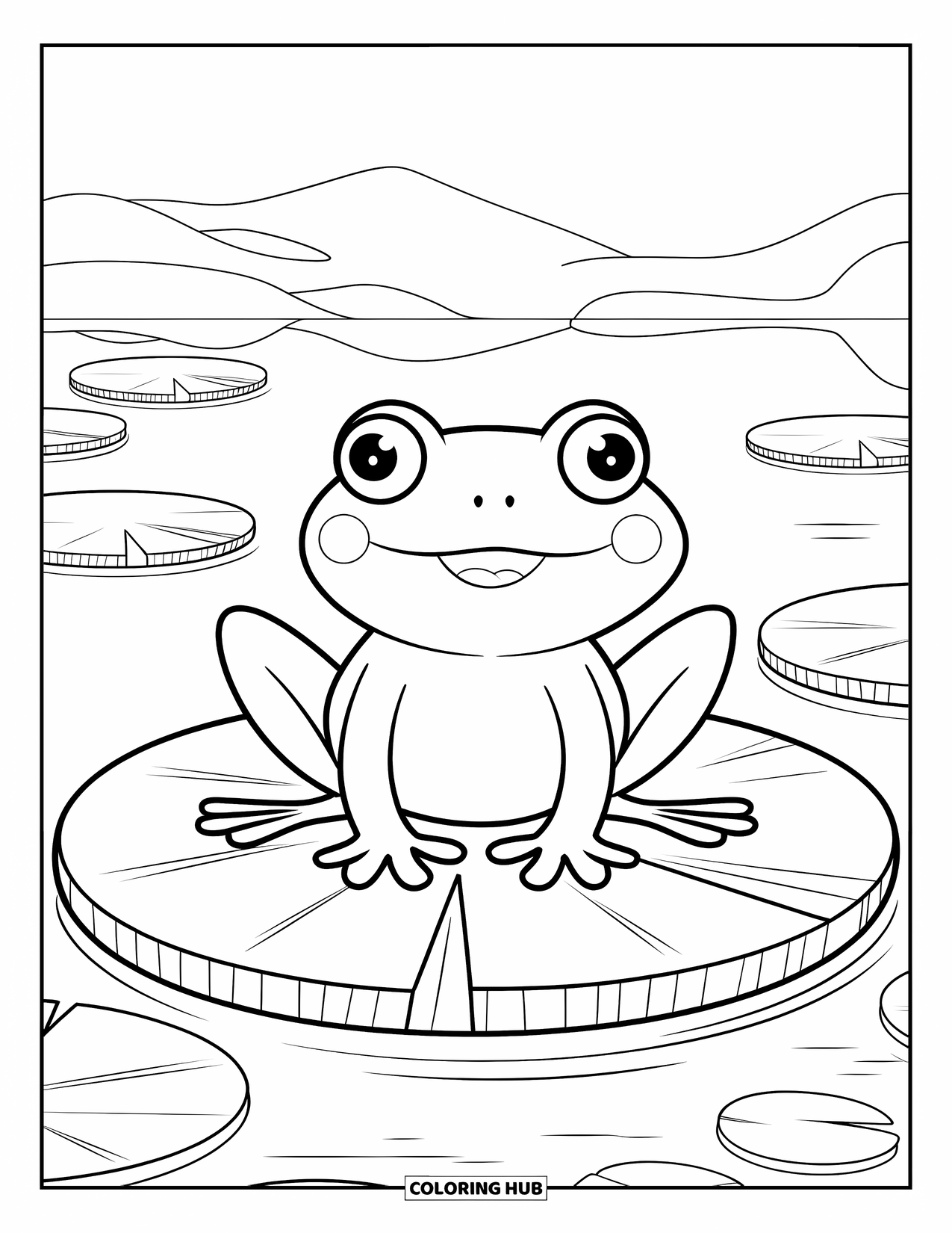 Frog Coloring Page for Kids: Round frog grins on a lily pad floating in peaceful lake waters