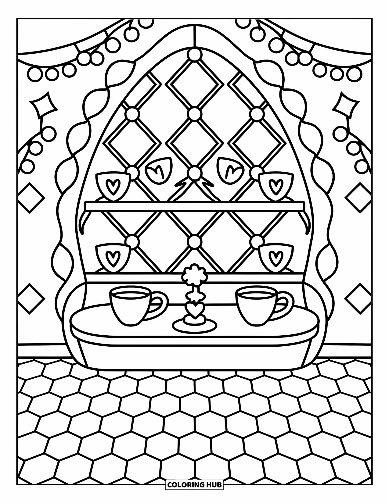 Geometric Coloring Page for Adults: A cozy coffee nook with playful mugs, twinkling lights, and geometric shelves