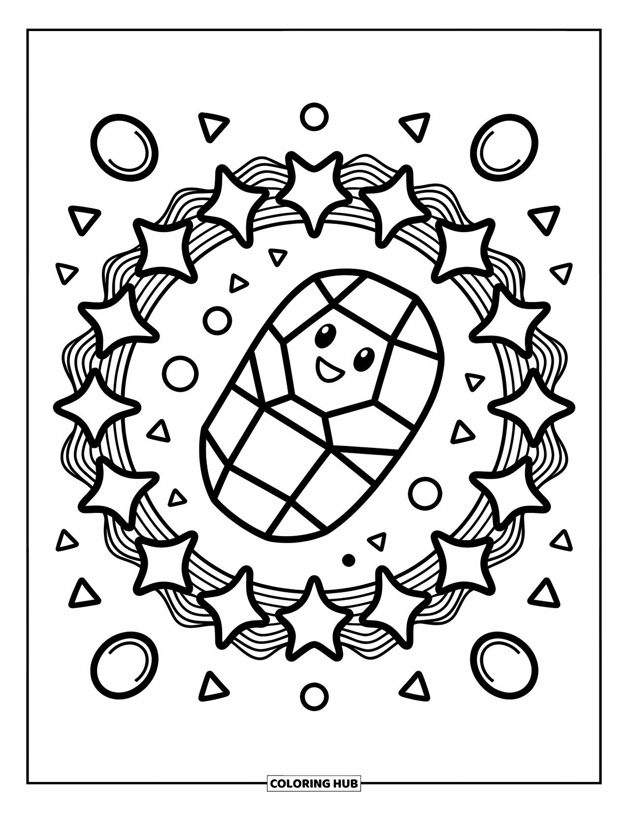 Geometric Coloring Page for Adults: A happy jellybean character floats in a ring of stars, hearts, and tiny bubbles
