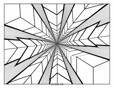 Geometrisk fargeleggingsark for voksne: En virvlende vorteks av kuber og plan befinner seg innenfor et rent, intrikat geometrisk design