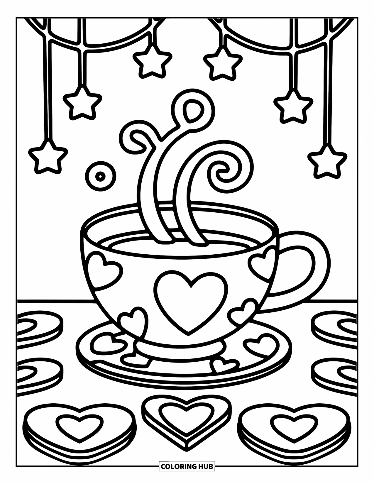 Geometric Coloring Page for Adults: A teacup with steam spirals rests below star garlands and heart-shaped coasters