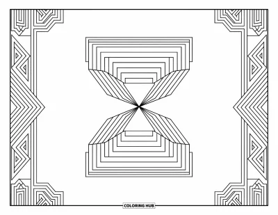 Geometrisk fargeleggingsark for voksne: Konsentrisk timeglass og folder innrammet av dekorative mønstre skaper en rolig, elegant scene